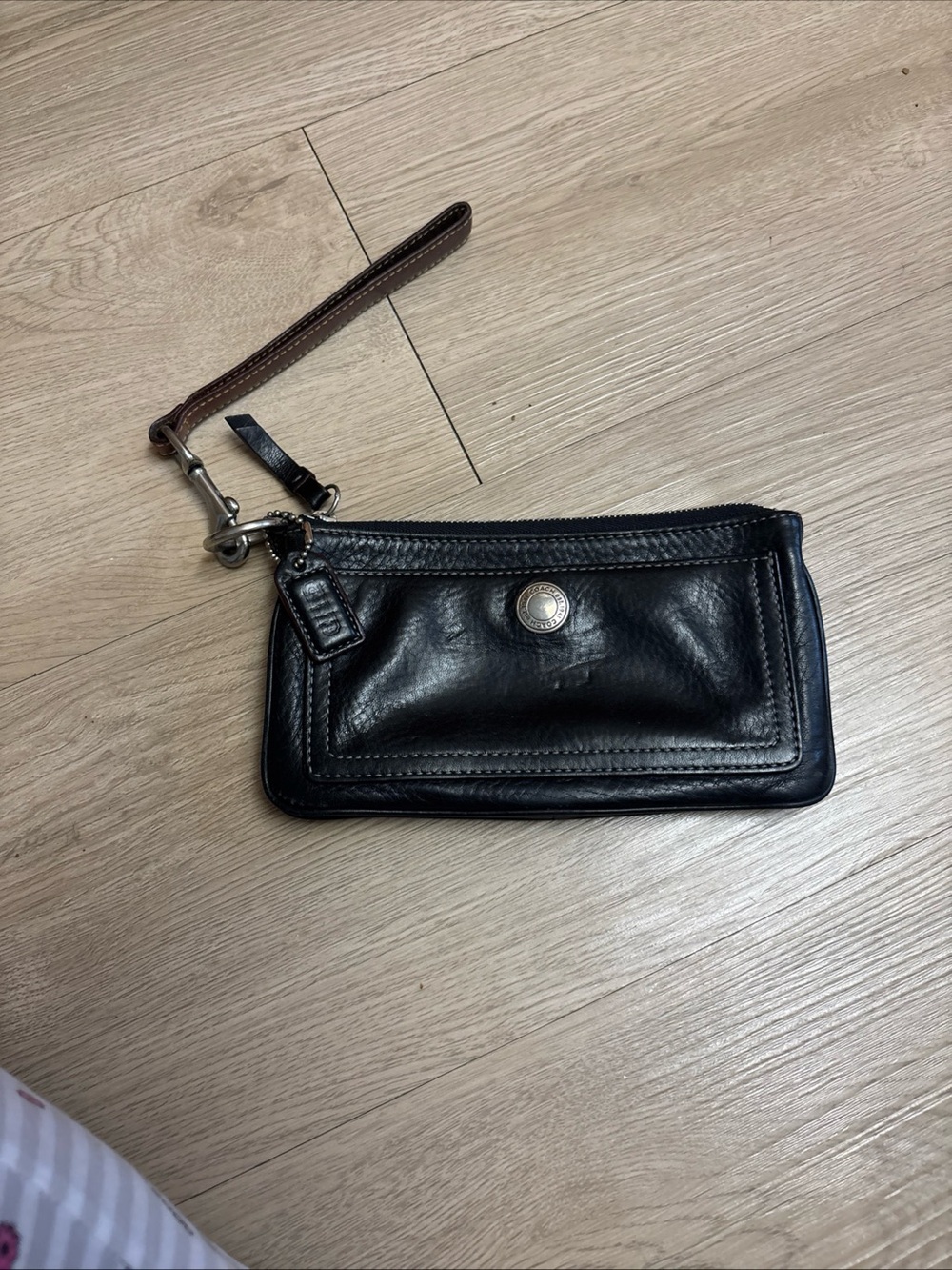 Coach Black Leather Wristlet with Brown Strap